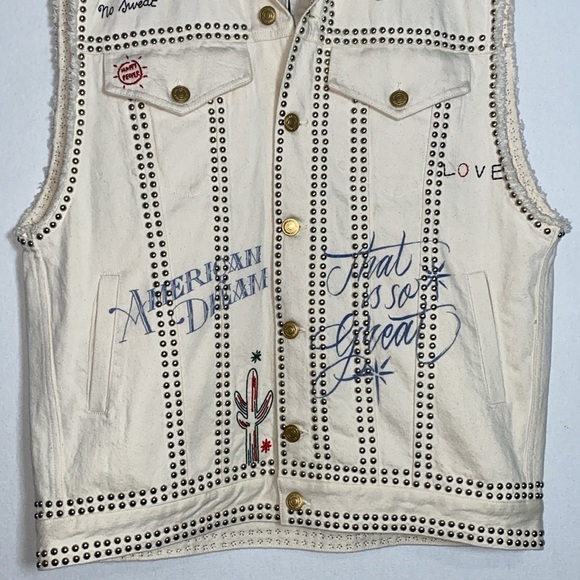 Hilfiger Collection Studded Jean Vest NWT Women 4 Ivory American Flag Embroidery - Picture 4 of 15